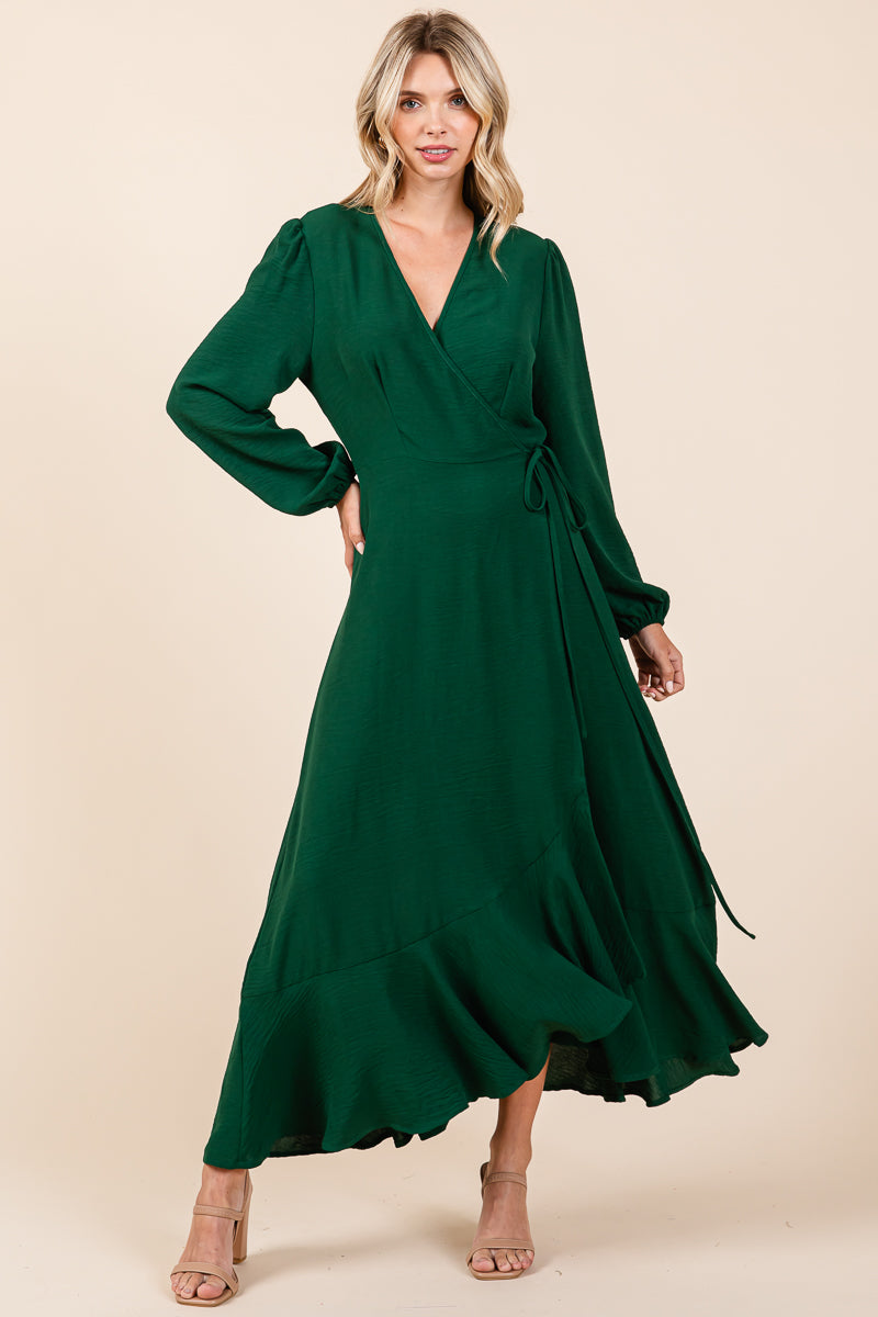 Ruffle Hem High Low Long Sleeve Wrap Maxi Dress