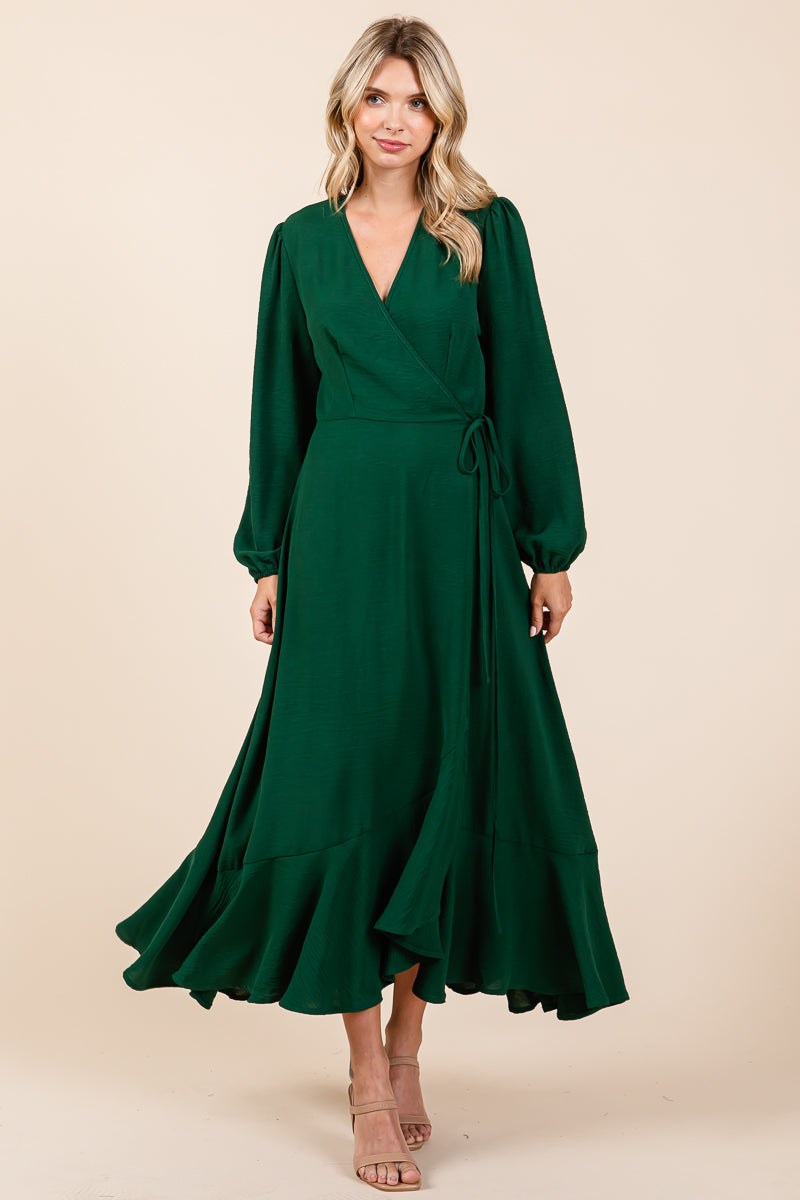 Ruffle Hem High Low Long Sleeve Wrap Maxi Dress