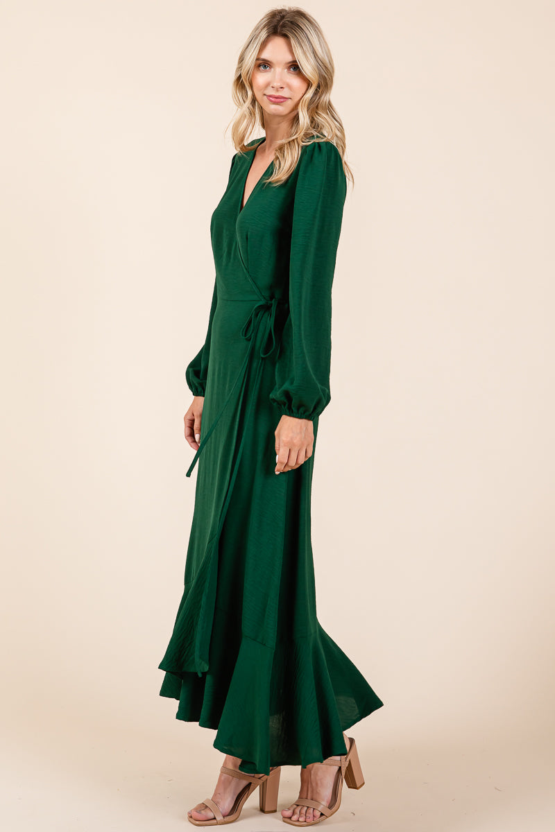 Ruffle Hem High Low Long Sleeve Wrap Maxi Dress