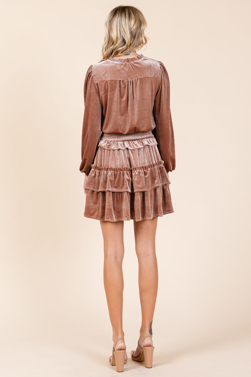 Velvet Smocked Waist Ruffle Hem Tiered Mini Dress