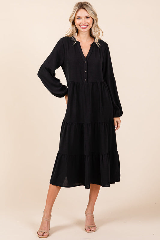 Tiered V Neck Long Sleeve Ruched Ruffle Midi Dress