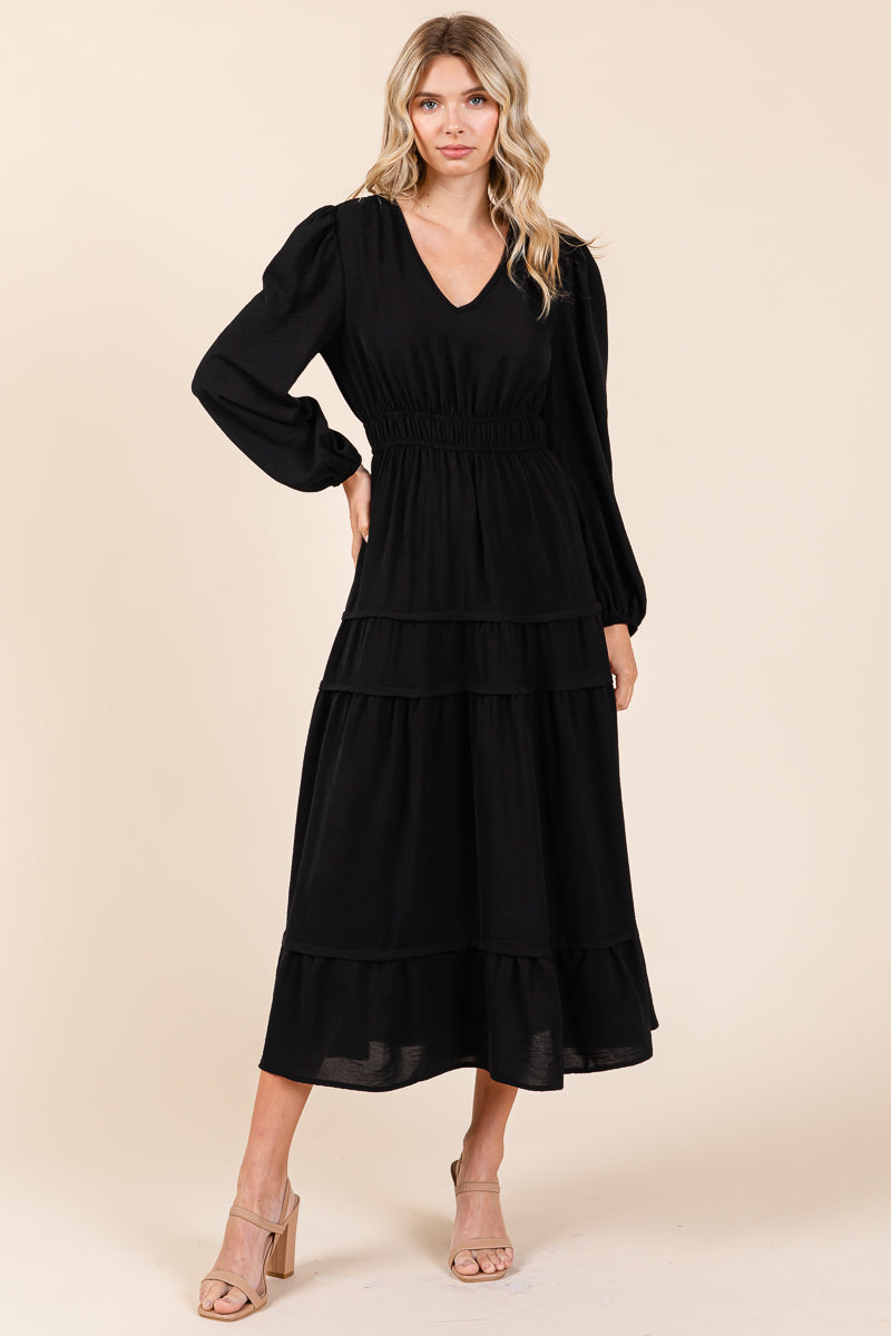 Ruched V Neck Long Sleeve Tiered Midi Dress