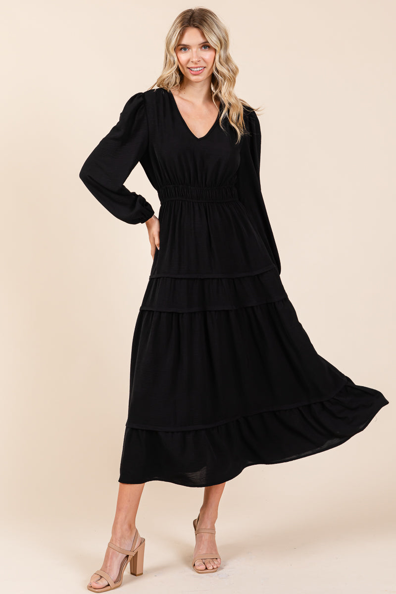 Ruched V Neck Long Sleeve Tiered Midi Dress