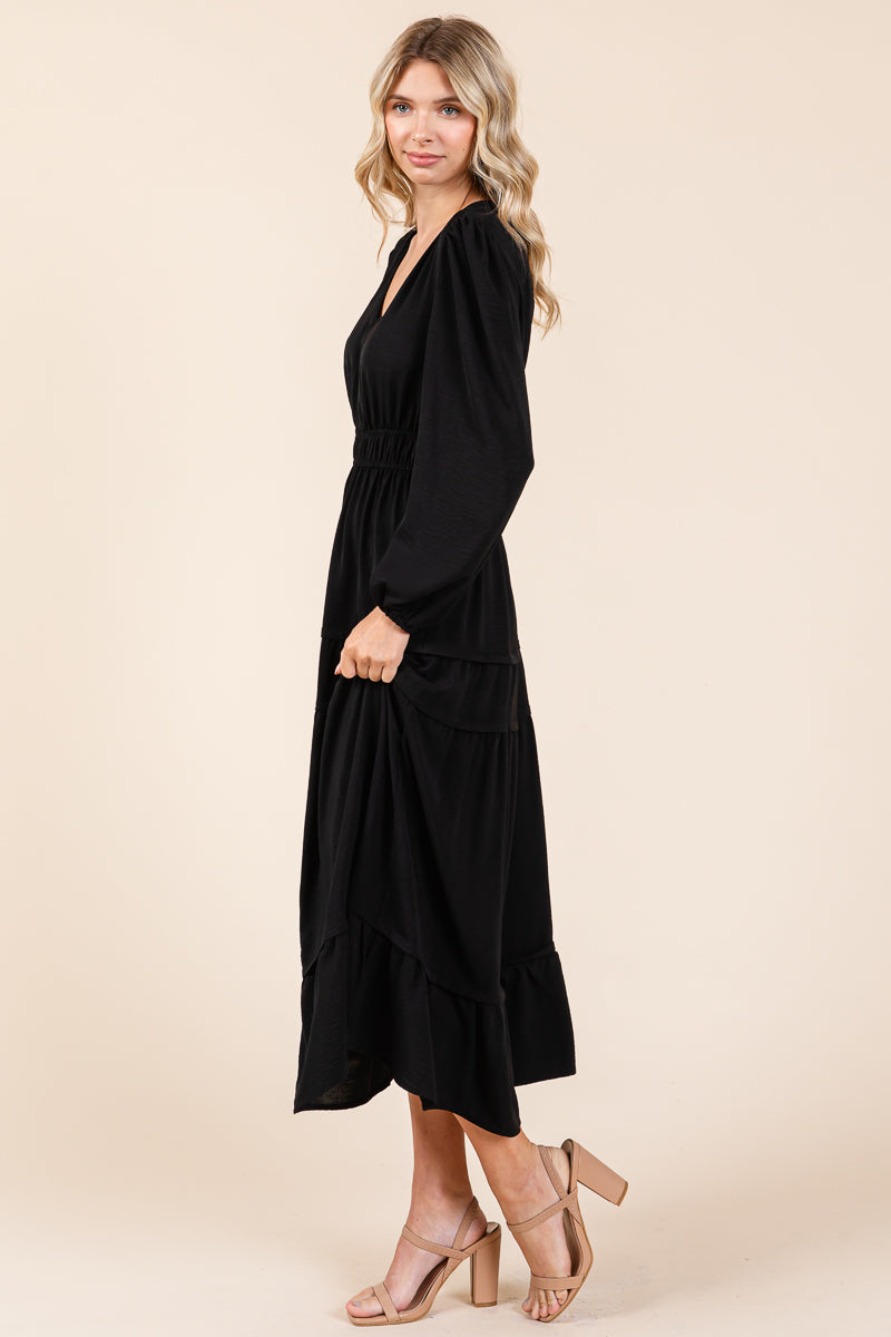 Ruched V Neck Long Sleeve Tiered Midi Dress