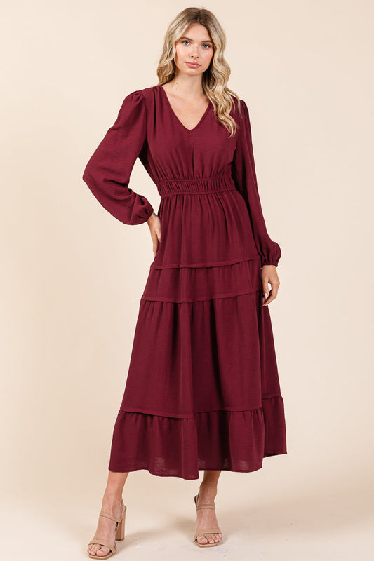 Ruched V Neck Long Sleeve Tiered Midi Dress