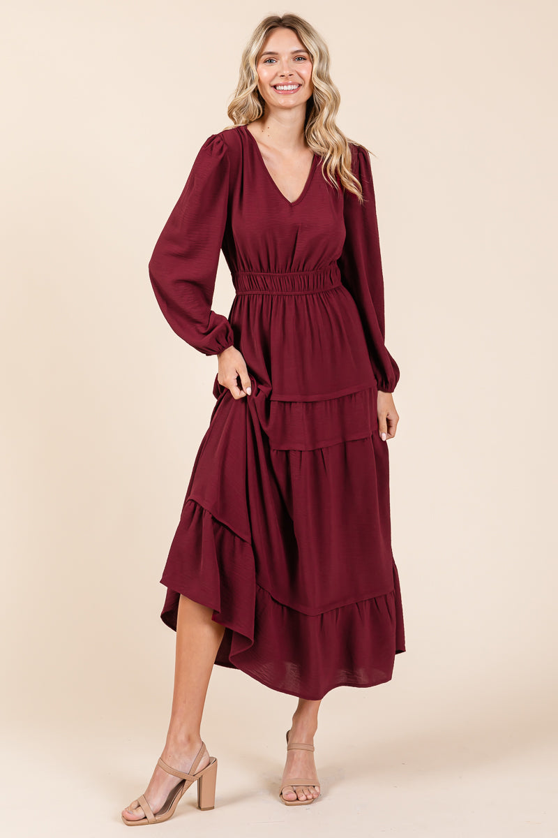 Ruched V Neck Long Sleeve Tiered Midi Dress