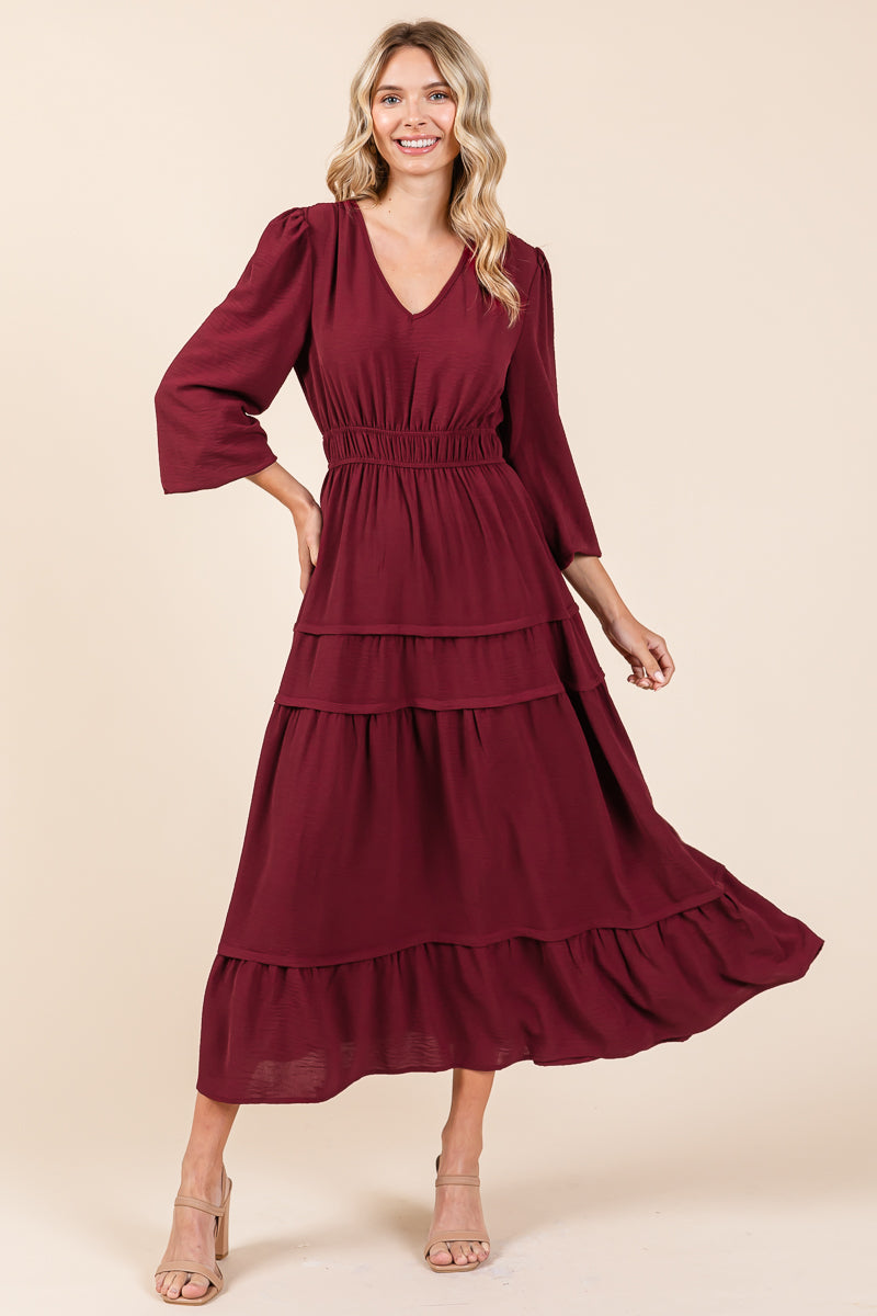 Ruched V Neck Long Sleeve Tiered Midi Dress