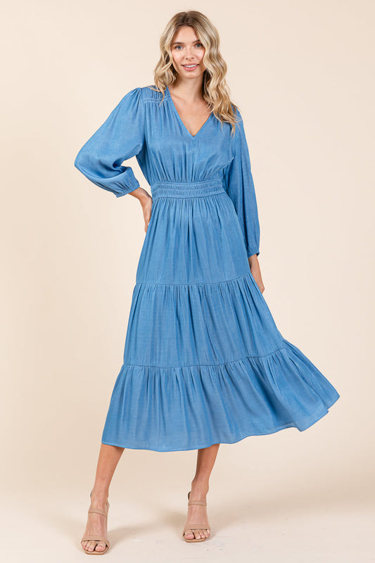 Tiered V Neck Chambray Pleated Midi Dress