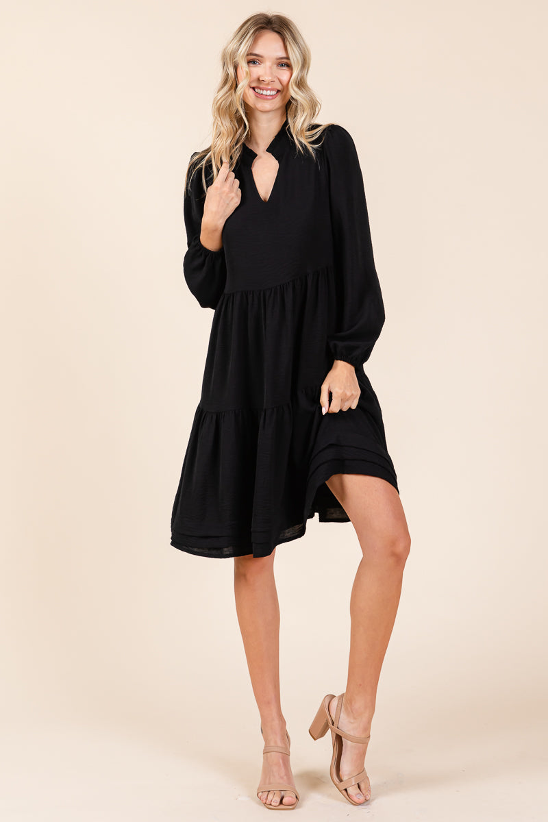 V Neck Long Sleeve Tiered Ruffle Hem Dress