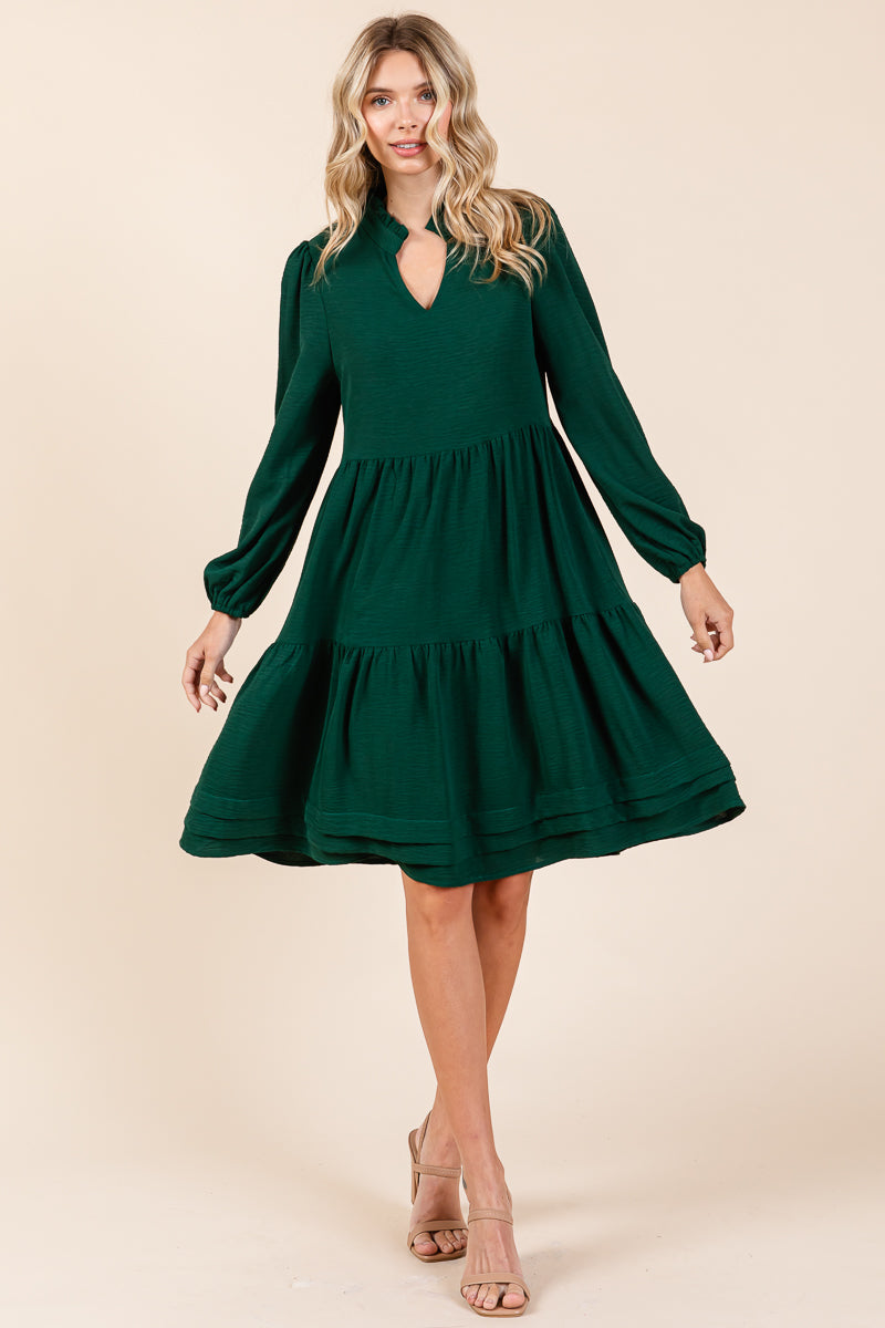 V Neck Long Sleeve Tiered Ruffle Hem Dress