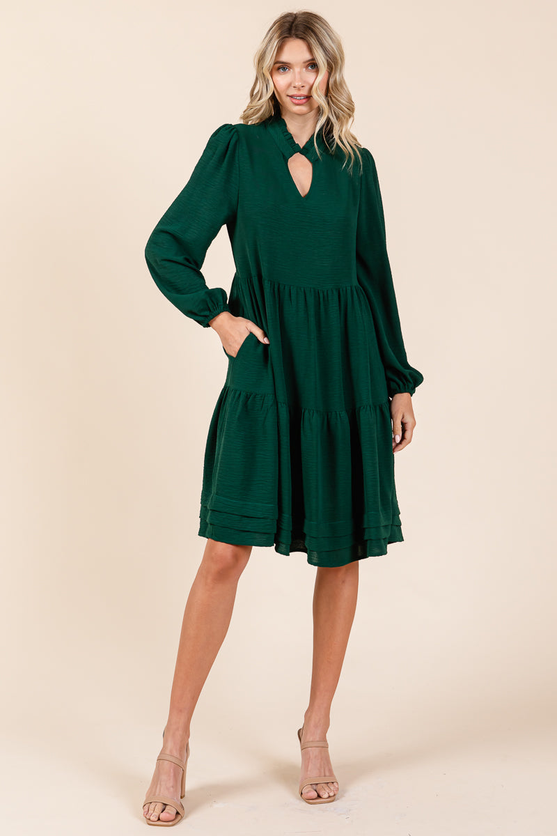 V Neck Long Sleeve Tiered Ruffle Hem Dress