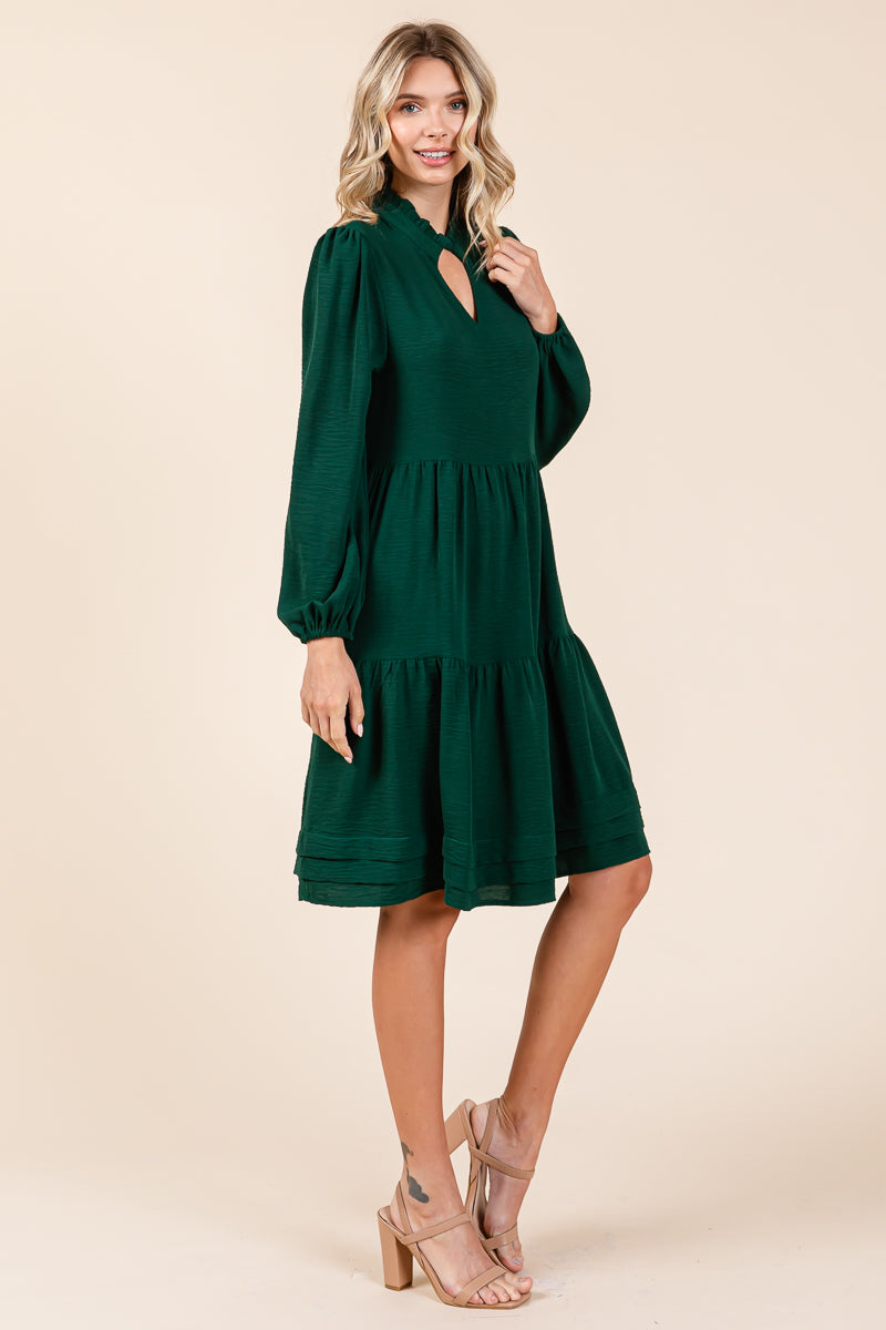 V Neck Long Sleeve Tiered Ruffle Hem Dress