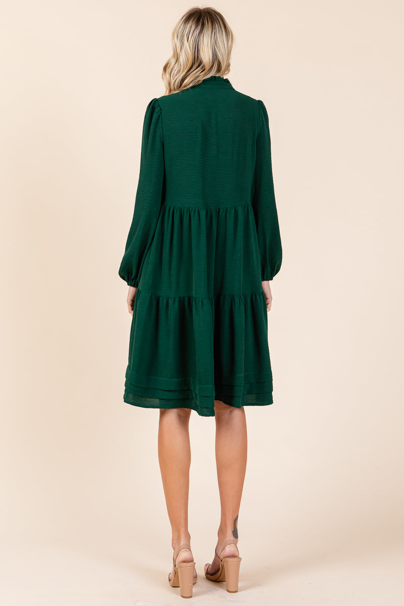 V Neck Long Sleeve Tiered Ruffle Hem Dress