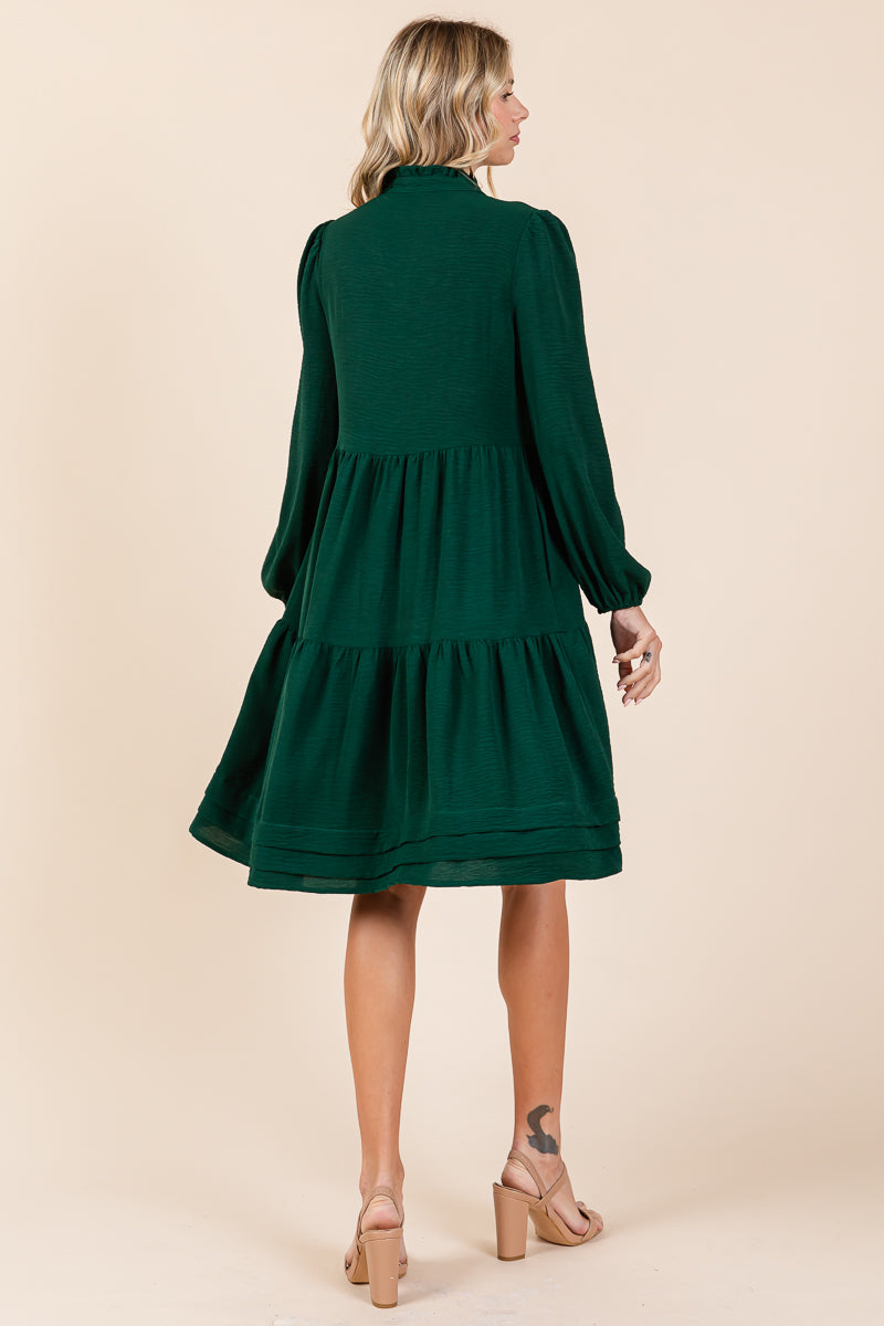 V Neck Long Sleeve Tiered Ruffle Hem Dress