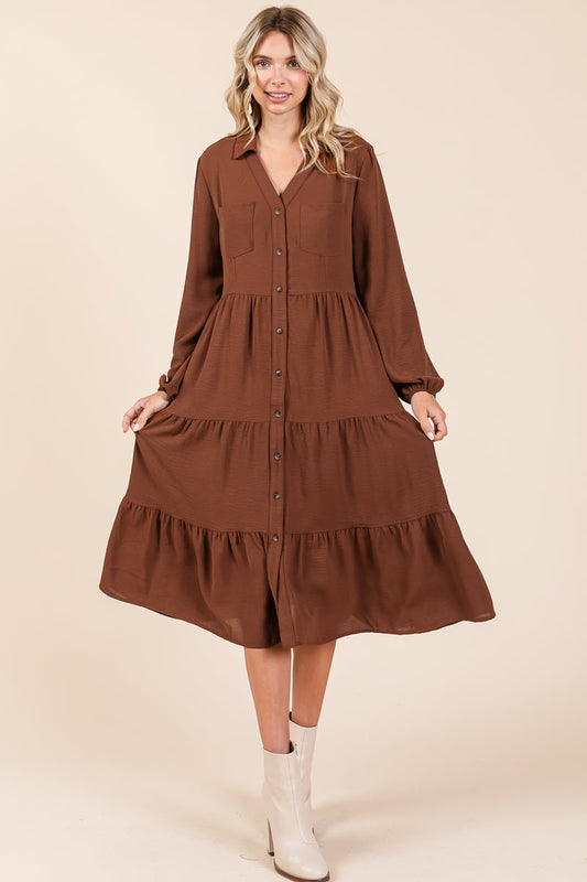 Tiered Long Sleeve Button Front Midi ShirtDress