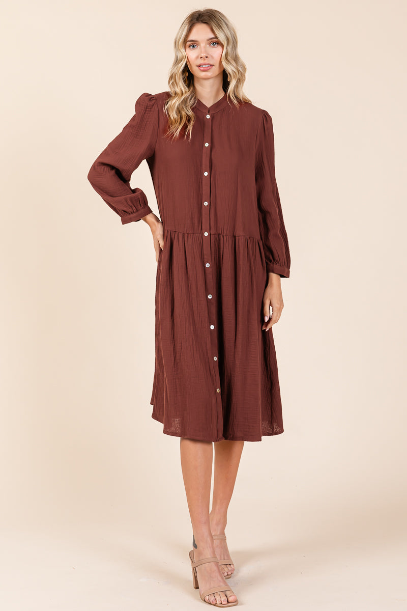 Dobule Gauze Tiered Long Sleeve Midi Shirtdress