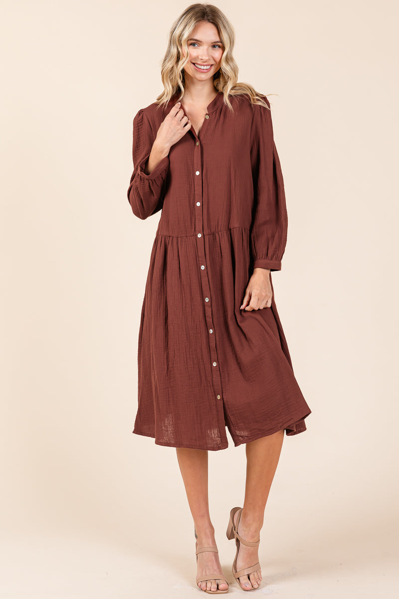 Dobule Gauze Tiered Long Sleeve Midi Shirtdress