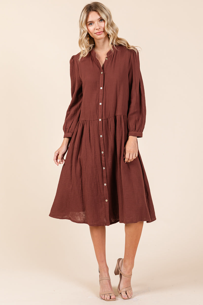 Dobule Gauze Tiered Long Sleeve Midi Shirtdress