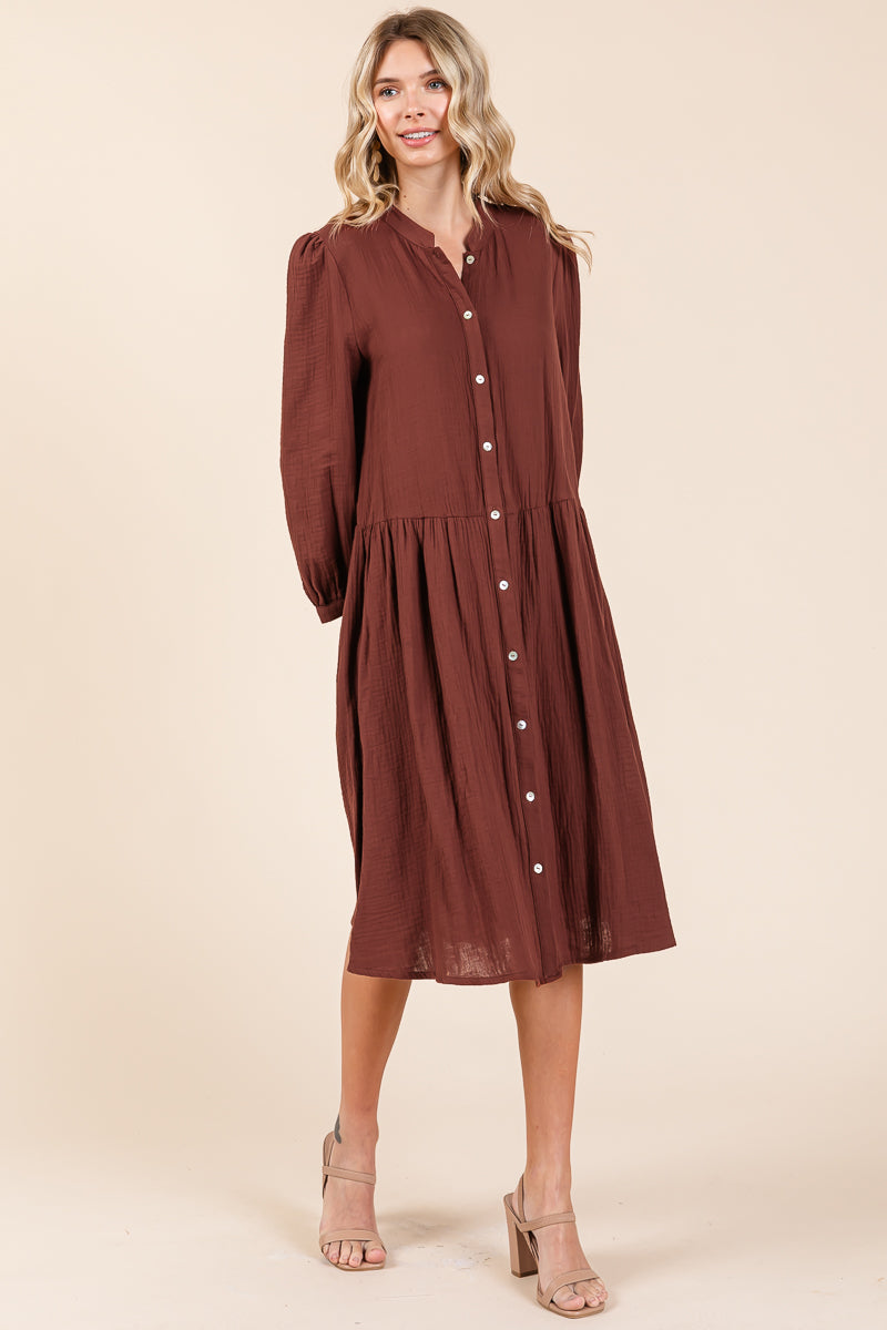 Dobule Gauze Tiered Long Sleeve Midi Shirtdress