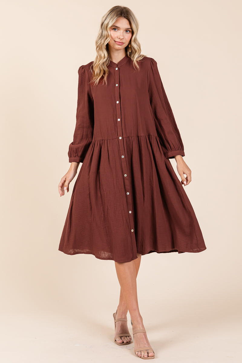 Dobule Gauze Tiered Long Sleeve Midi Shirtdress