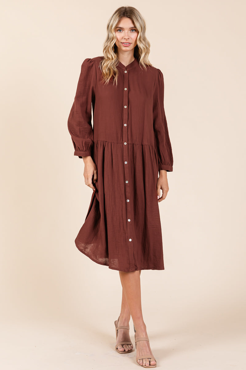 Dobule Gauze Tiered Long Sleeve Midi Shirtdress