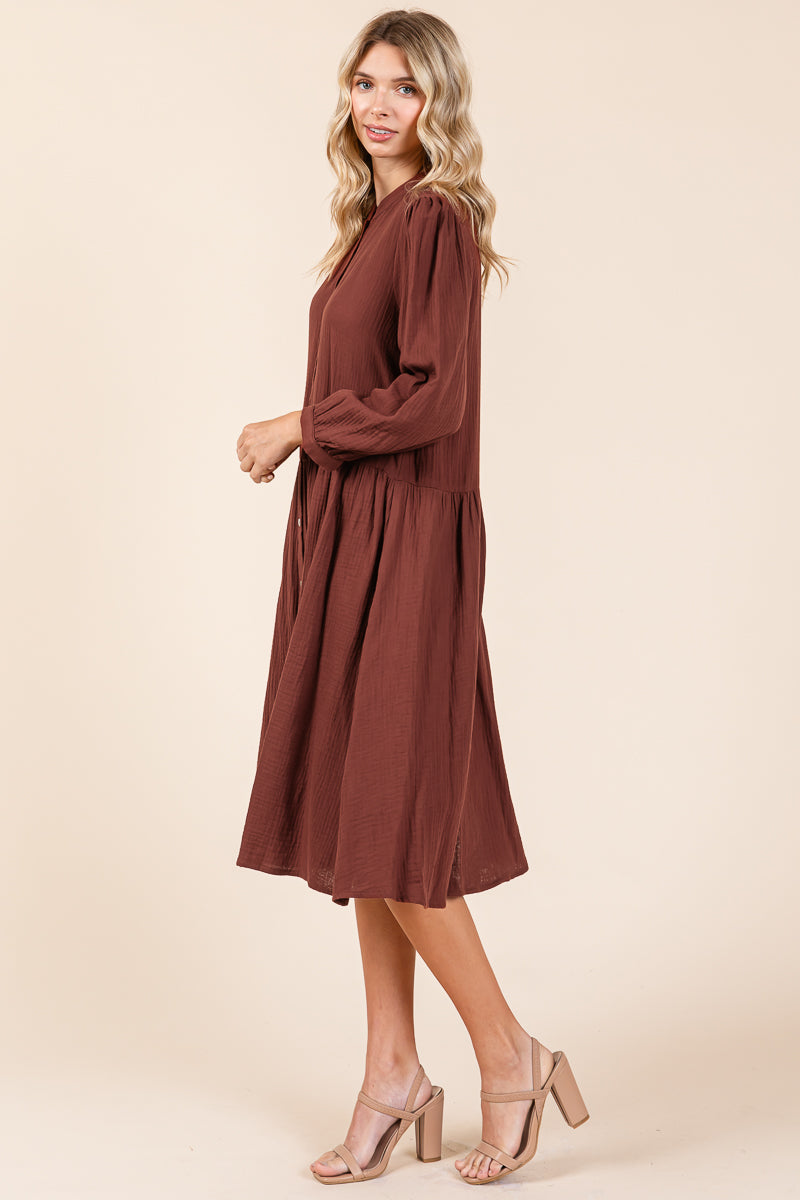 Dobule Gauze Tiered Long Sleeve Midi Shirtdress