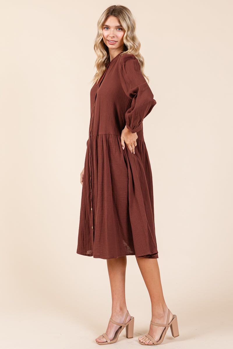 Dobule Gauze Tiered Long Sleeve Midi Shirtdress