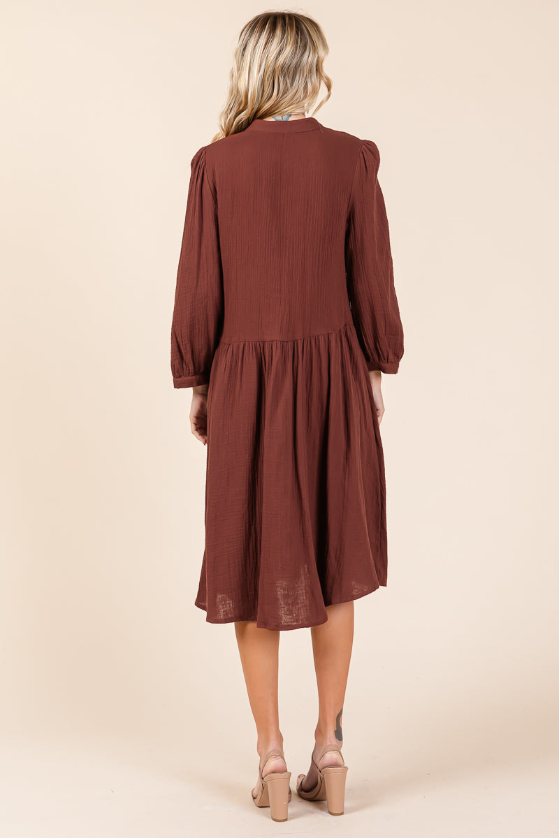 Dobule Gauze Tiered Long Sleeve Midi Shirtdress