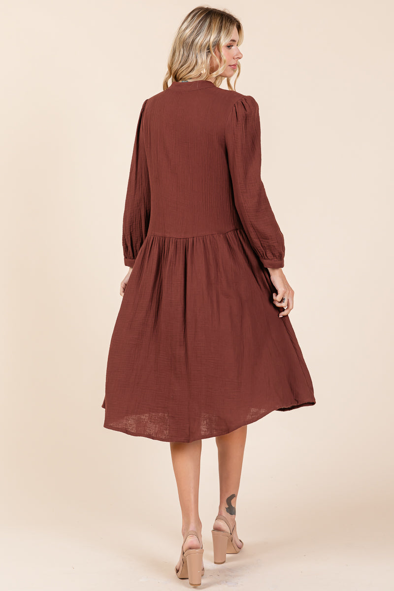 Dobule Gauze Tiered Long Sleeve Midi Shirtdress