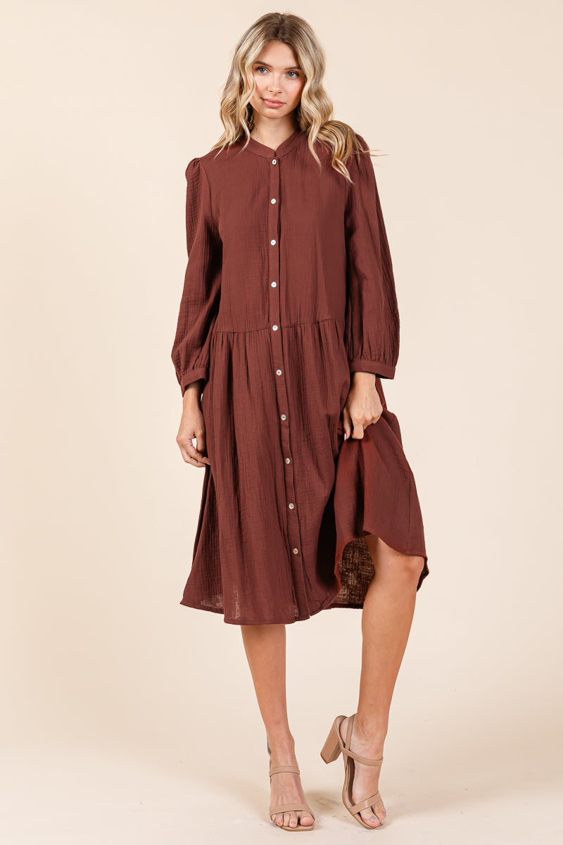 Dobule Gauze Tiered Long Sleeve Midi Shirtdress