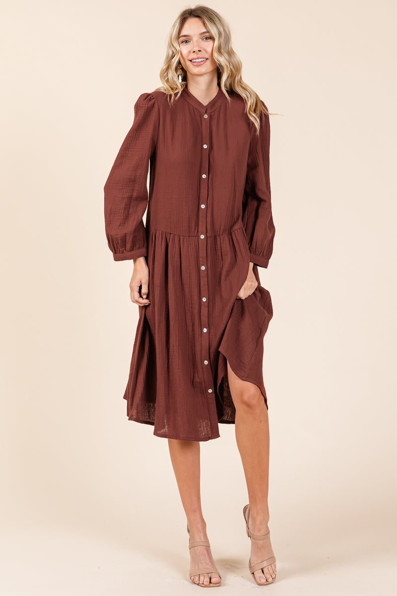 Dobule Gauze Tiered Long Sleeve Midi Shirtdress