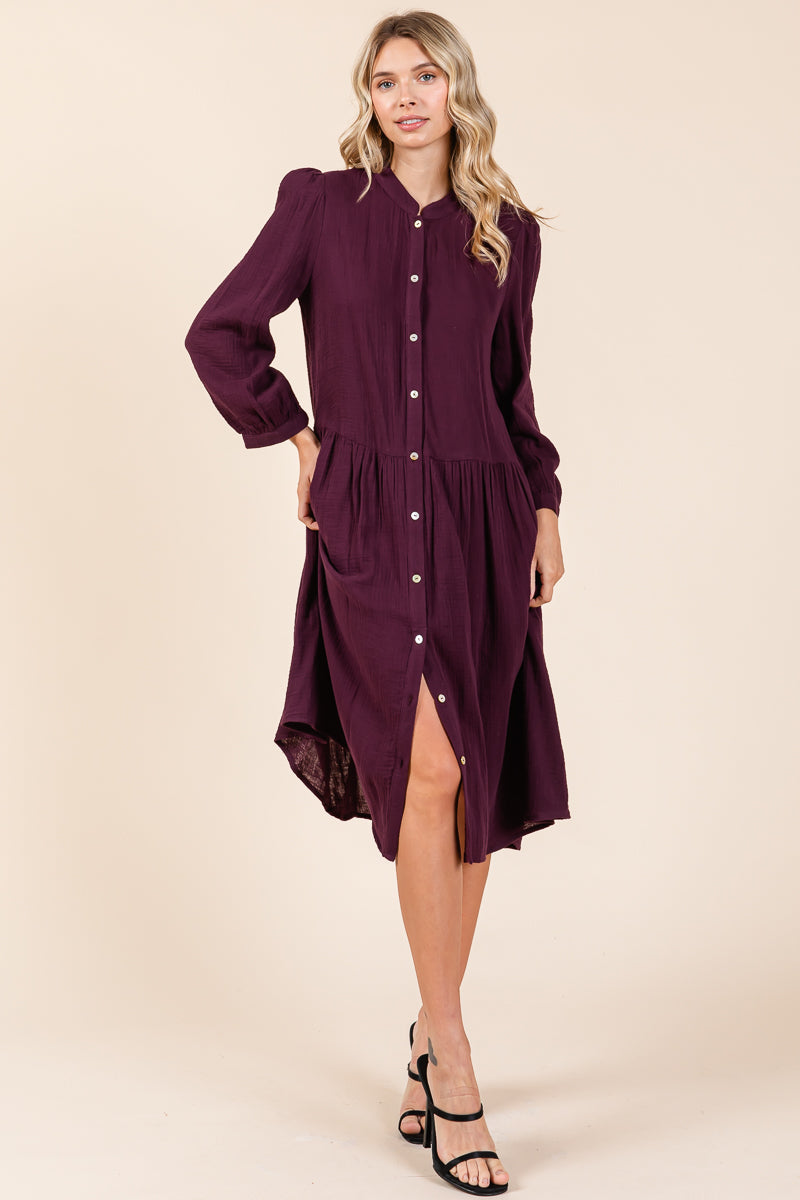 Dobule Gauze Tiered Long Sleeve Midi Shirtdress