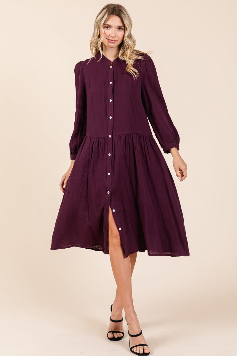 Dobule Gauze Tiered Long Sleeve Midi Shirtdress