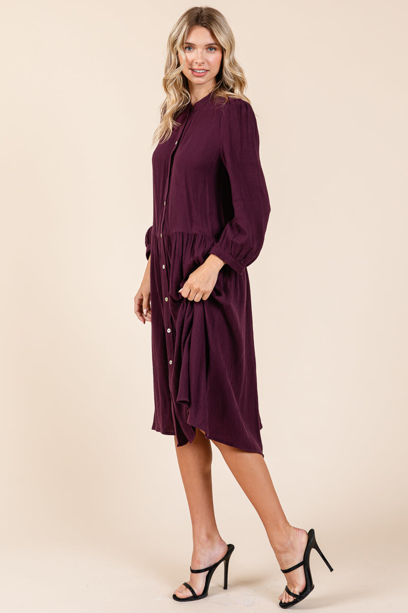 Dobule Gauze Tiered Long Sleeve Midi Shirtdress