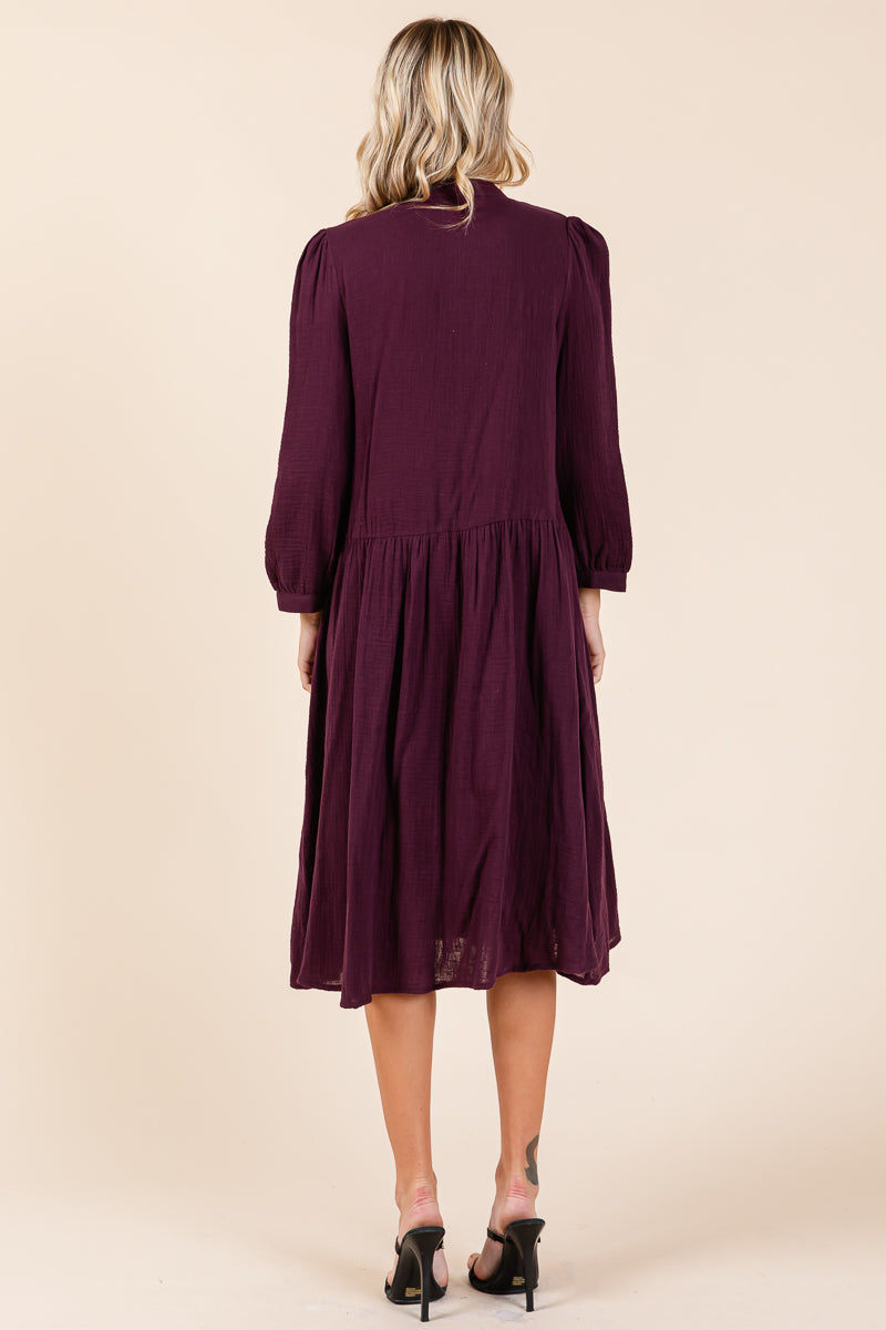 Dobule Gauze Tiered Long Sleeve Midi Shirtdress