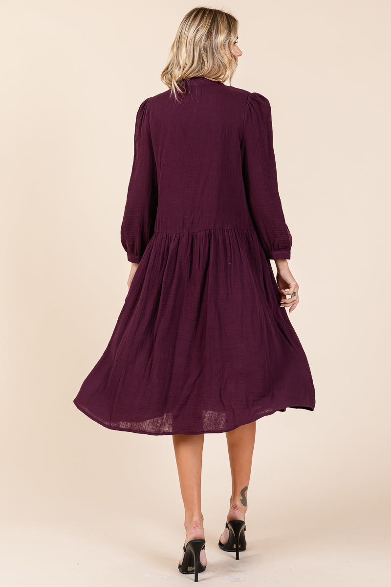 Dobule Gauze Tiered Long Sleeve Midi Shirtdress