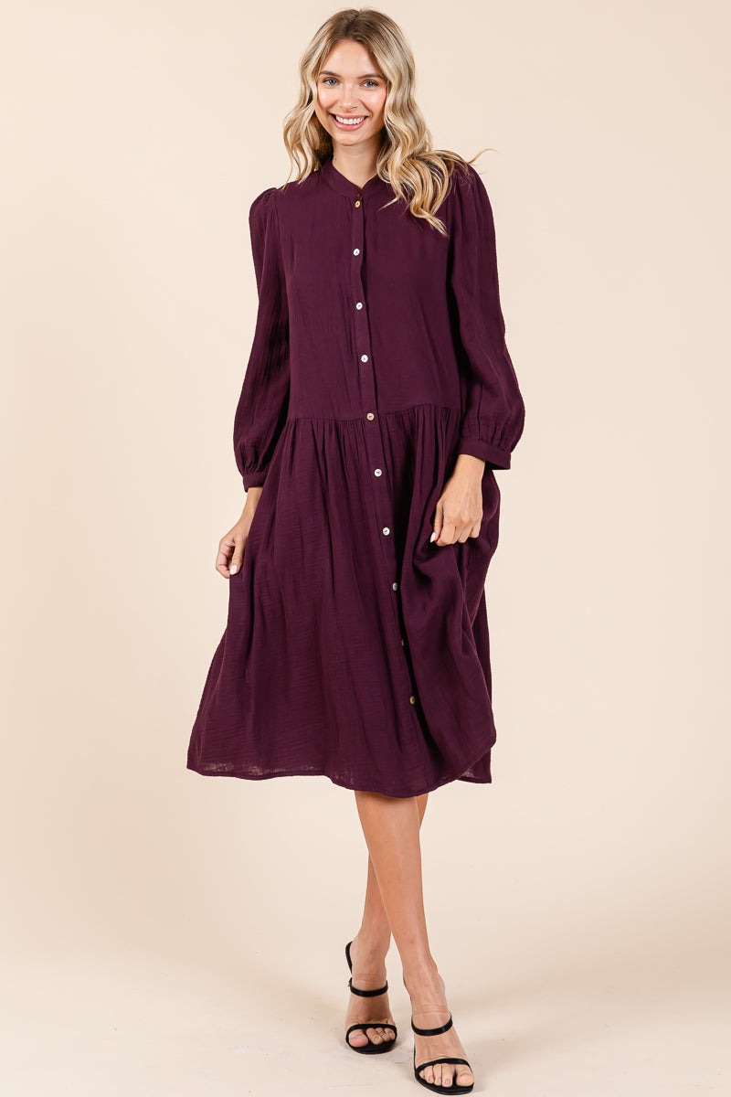 Dobule Gauze Tiered Long Sleeve Midi Shirtdress