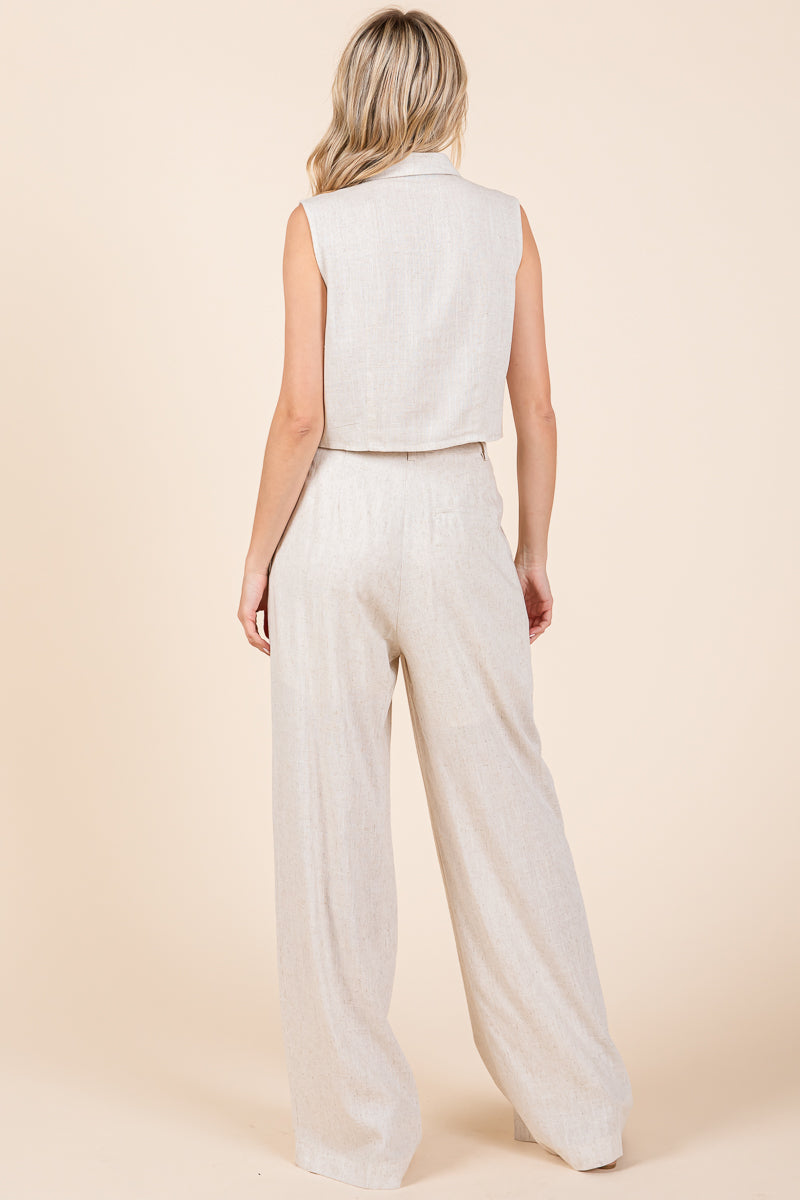 Two Piece Linen Ruffled Top and Wide Leg Pants Set