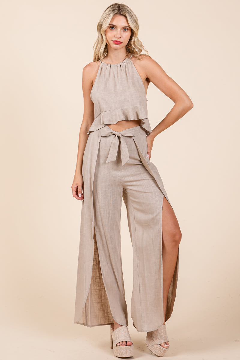 Linen Crop Top and Wide Slit Pants Two Piece Sets