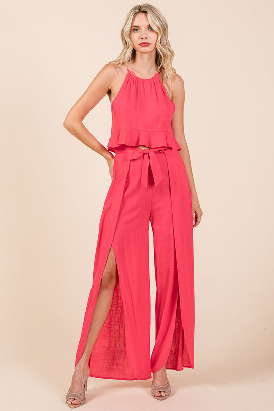 Linen Crop Top and Wide Slit Pants Two Piece Sets