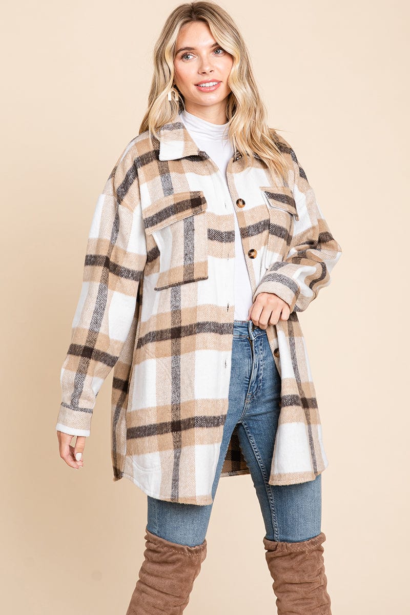 Lapel Button Up Plaid Flannel Shacket Shirt Jacket