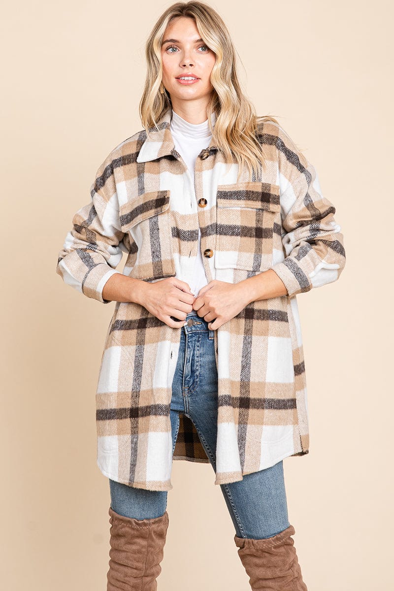 Lapel Button Up Plaid Flannel Shacket Shirt Jacket