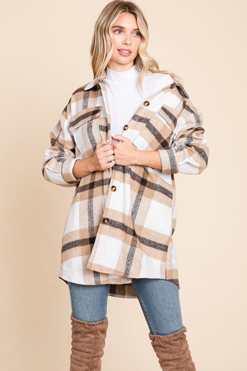 Lapel Button Up Plaid Flannel Shacket Shirt Jacket