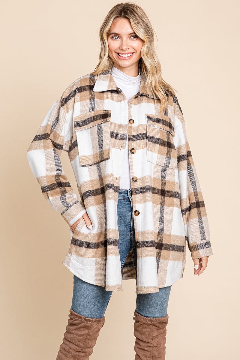 Lapel Button Up Plaid Flannel Shacket Shirt Jacket