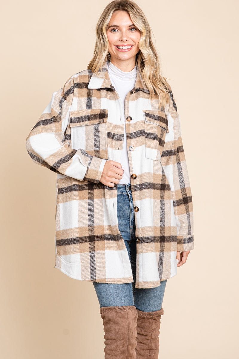 Lapel Button Up Plaid Flannel Shacket Shirt Jacket