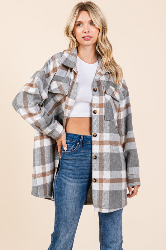 Lapel Button Up Plaid Flannel Shacket Shirt Jacket