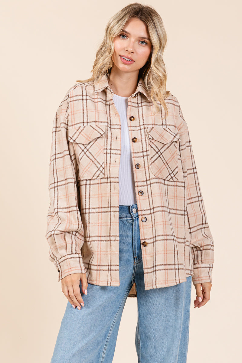 Plaid Long Sleeve Button Up Flannel Shacket Jacket