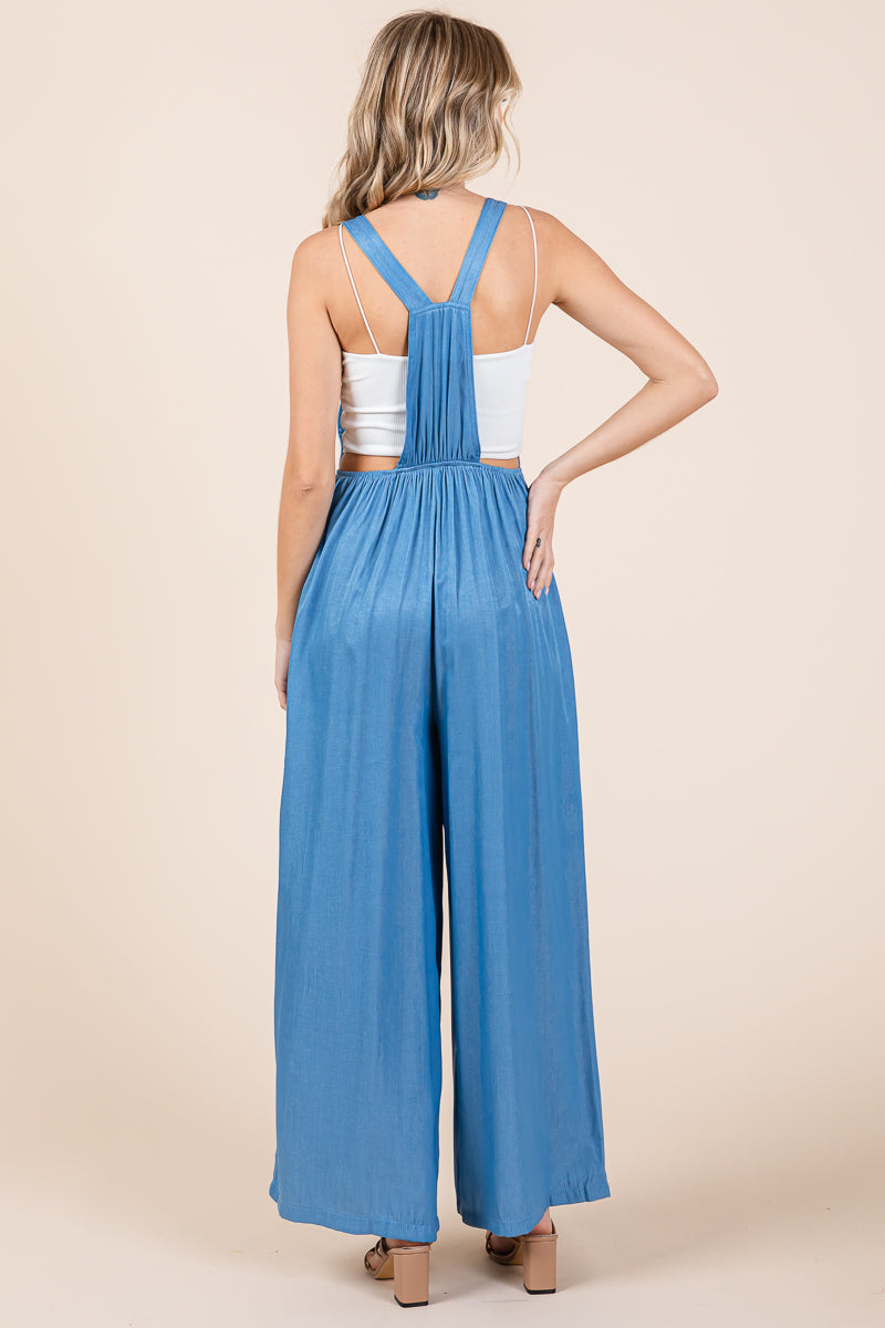 Wide Leg Loose Fit Chambray Jumpsuits with Pockets