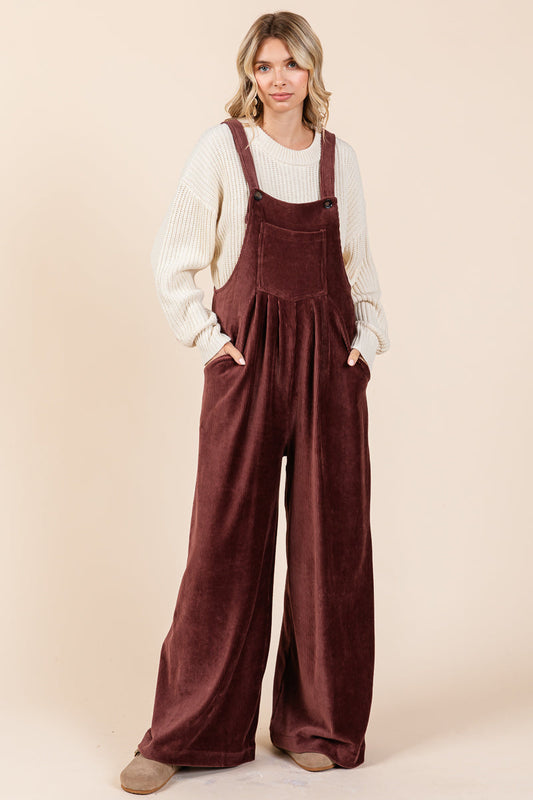 Soft Corduroy Pleated Wide Leg Jumpsuit Overall