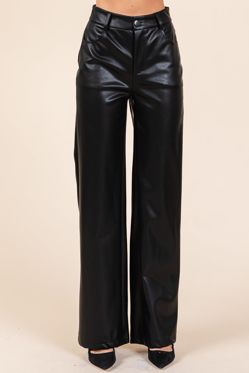 Faux Leather Bonded Fleece Wide Leg Pants